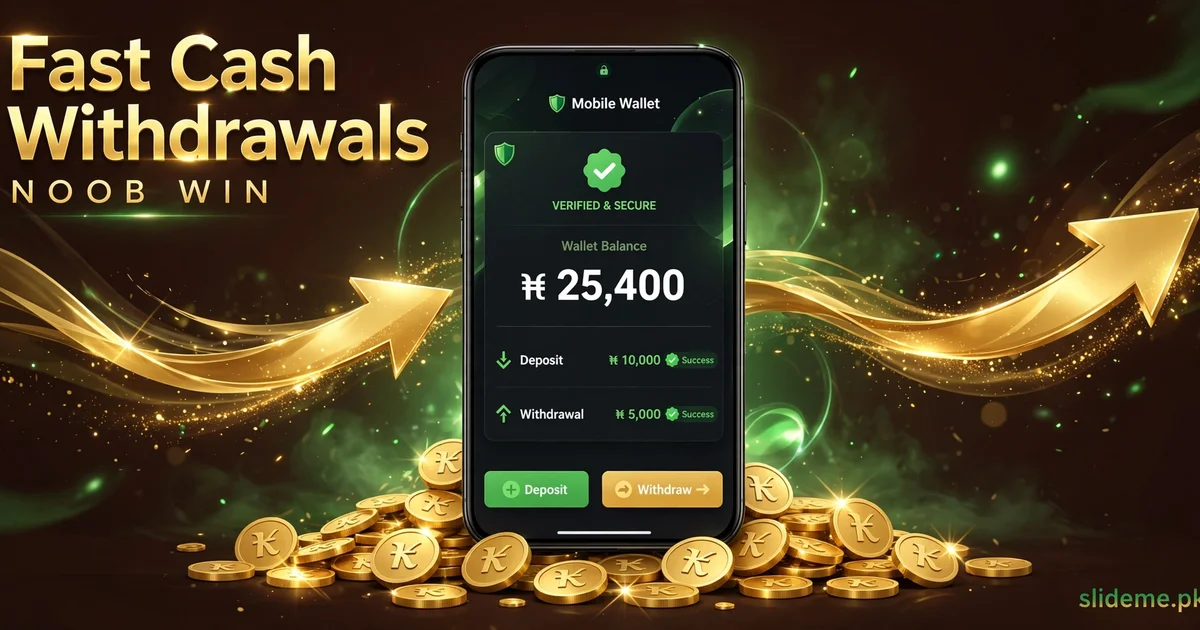 Noob Win Game fast cash withdrawals banner with mobile wallet and rupee coins