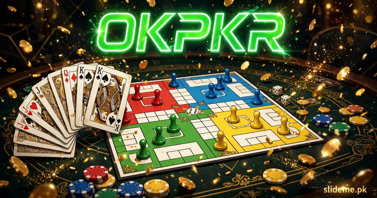 Okpkr Game Ludo and Teen Patti banner with green neon logo, Ludo board, playing cards and gold coins