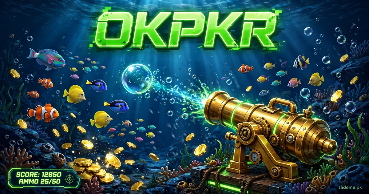 Okpkr Game fish shooting banner with fish table arcade scene and gold coins