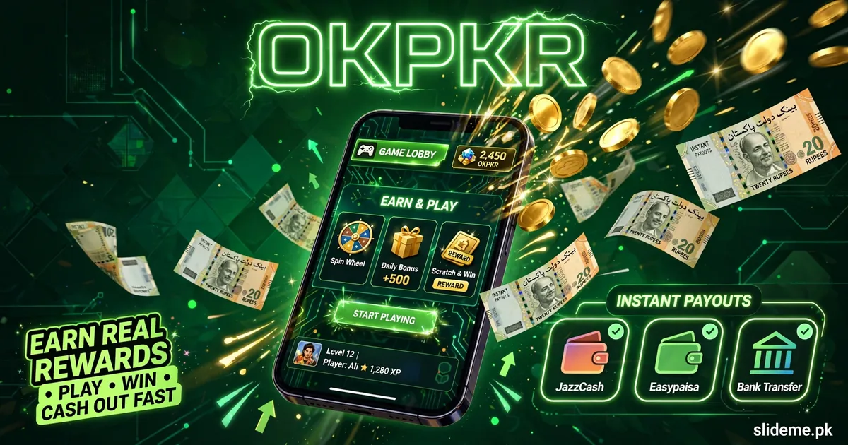 Okpkr Game fast withdrawal banner with smartphone, gold coins and rupee notes