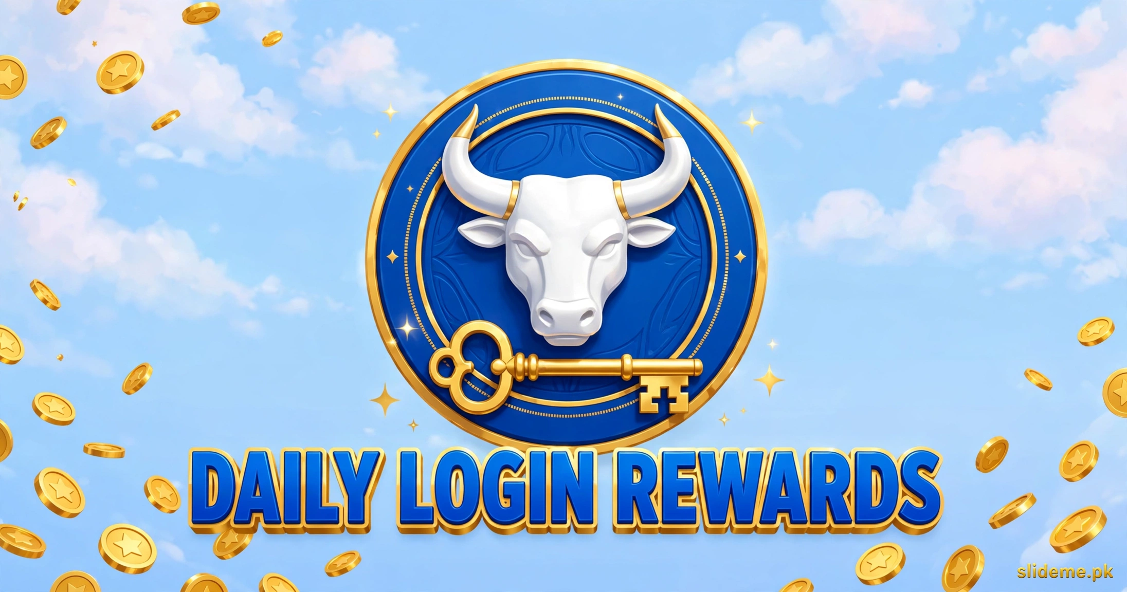 OX Game daily login rewards – bull emblem with golden key on blue