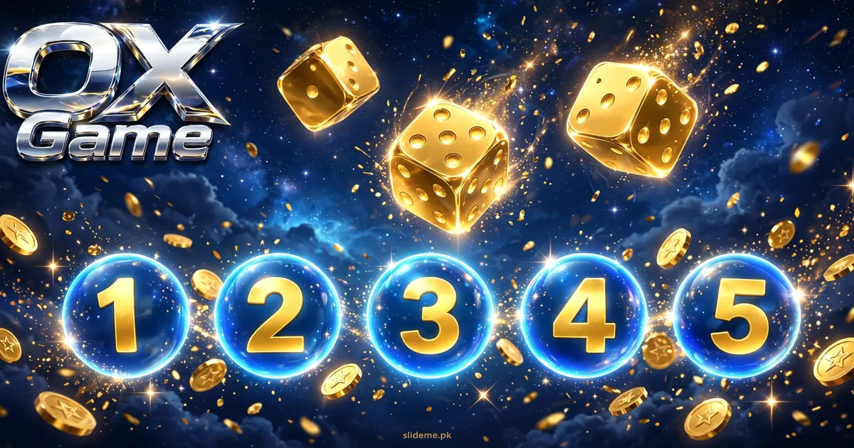 OX Game K3 and 5D lottery banner with golden dice and numbered lottery balls
