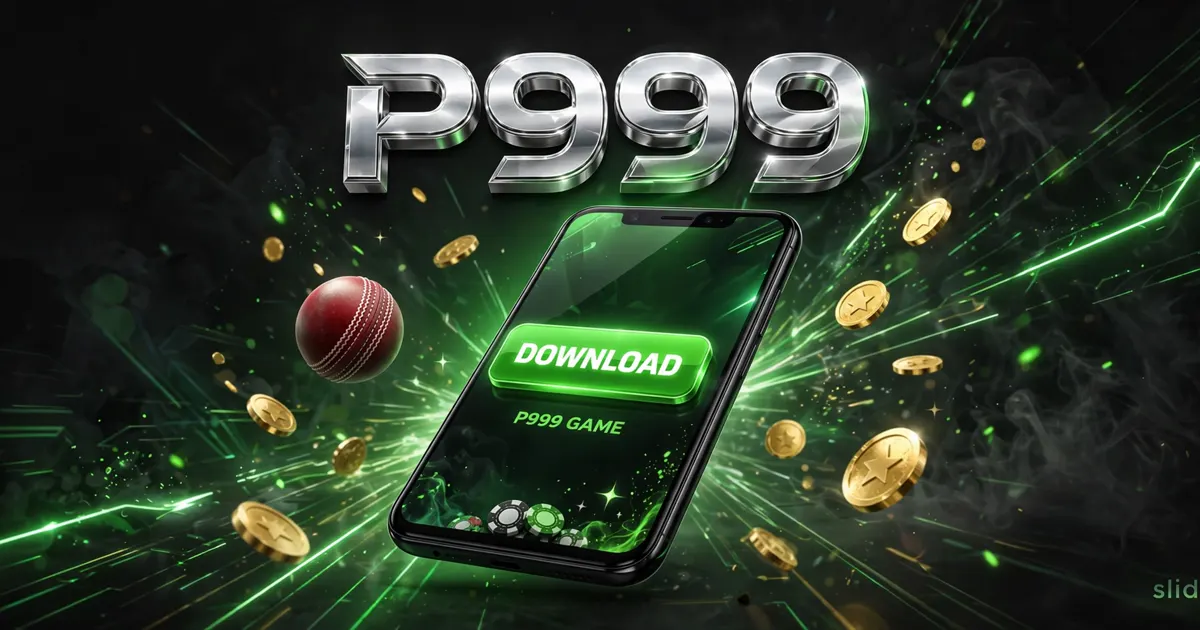 P999 Game download banner with cricket batsman logo and APK install steps