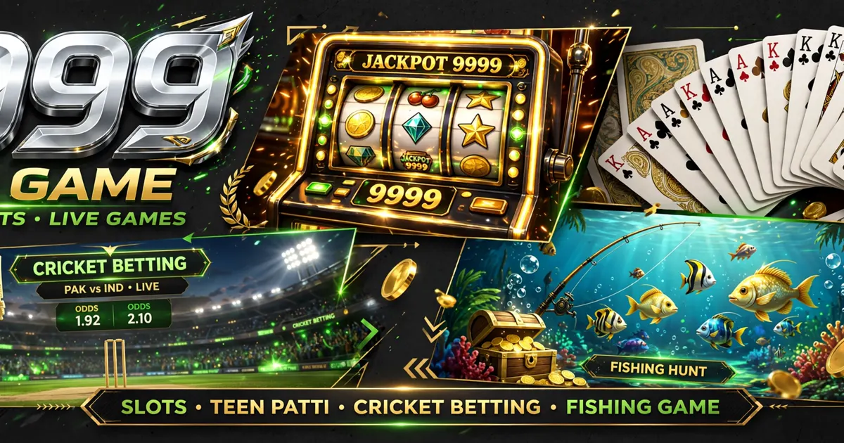 P999 Game banner showing Teen Patti, slots, Aviator crash, and fishing games