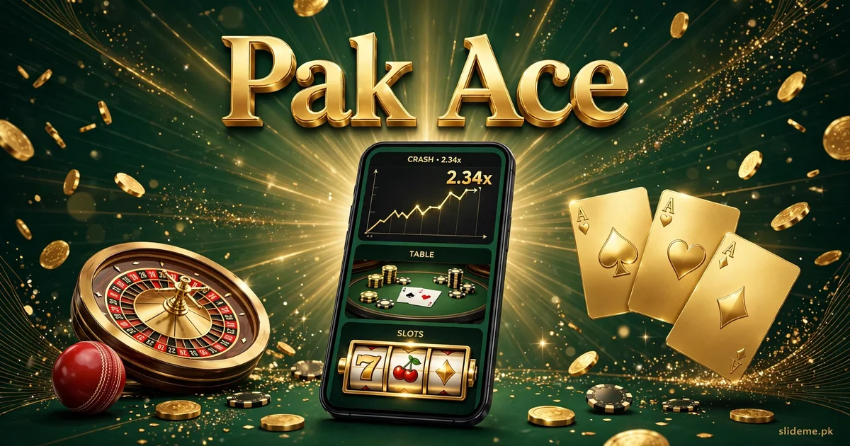 Pak Ace Game games lineup — crash game multiplier, card table and slots on a phone with golden ace cards