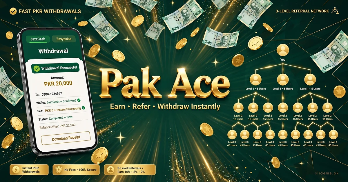Pak Ace Game withdrawals — JazzCash and Easypaisa PKR withdrawal screen with the three-level referral network