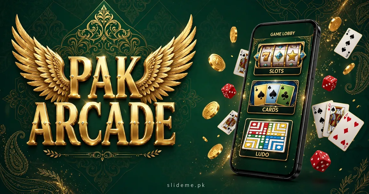 Pak Arcade game lobby with slots, cards and Ludo games on mobile