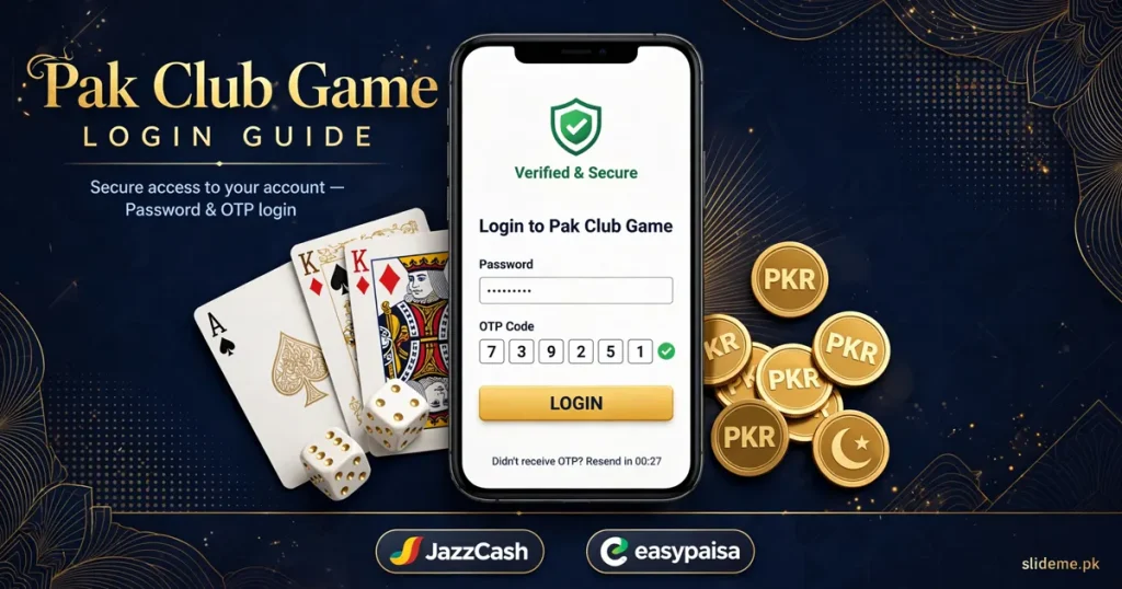 Pak Club login screen with password and OTP entry, gold logo, playing cards, dice and PKR coins