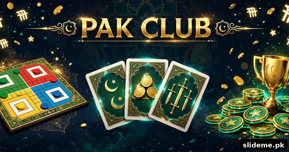 Pak Club game hub — Ludo board, teen patti cards and arcade trophy in gold and dark blue