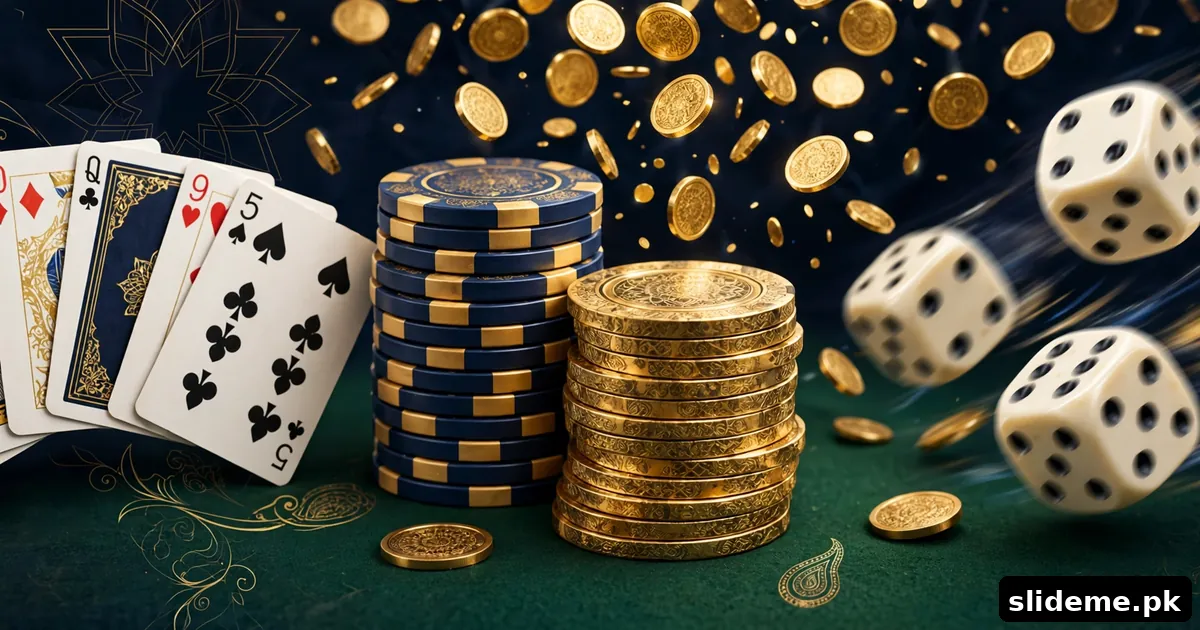 Pak Club card and dice games — rummy cards, poker chips and dice on a green table