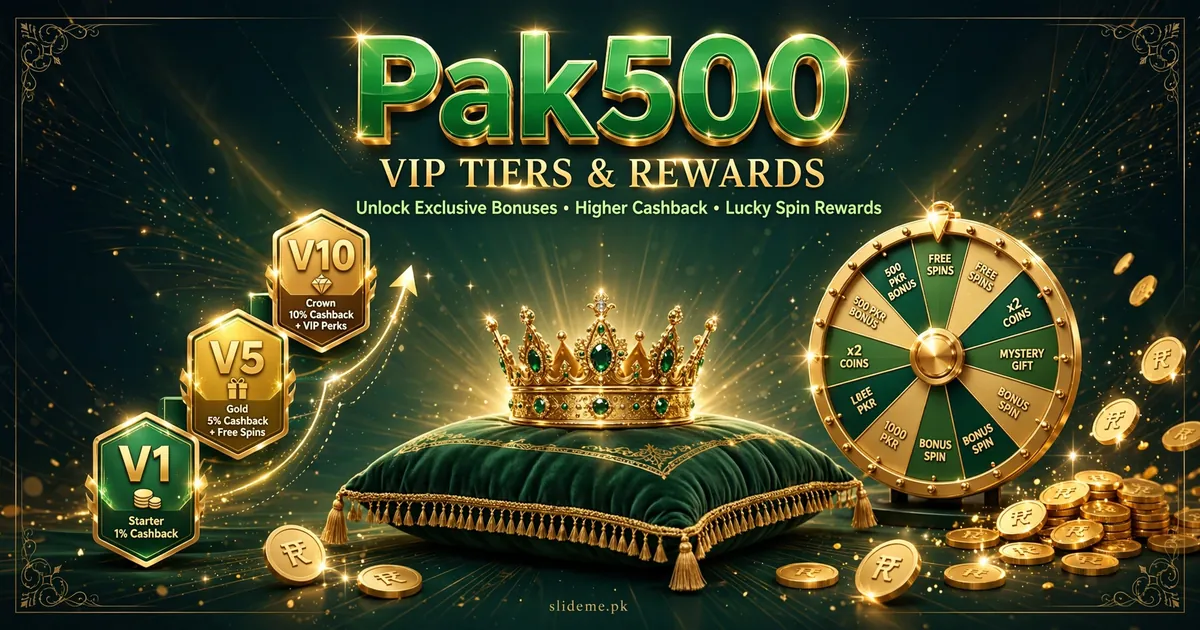 Pak500 VIP tiers V1 to V10 with crown, cashback and spin rewards