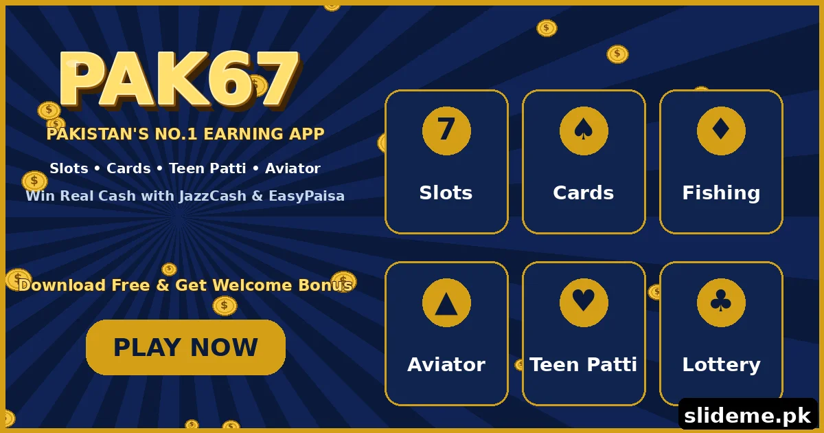 PAK67 game lobby with slots and card games