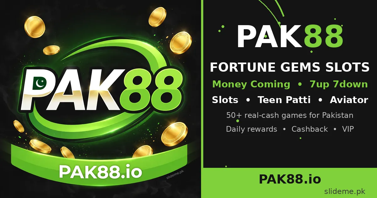 PAK88 Game slots banner showing Fortune Gems slots with the white and lime-green PAK88 wordmark