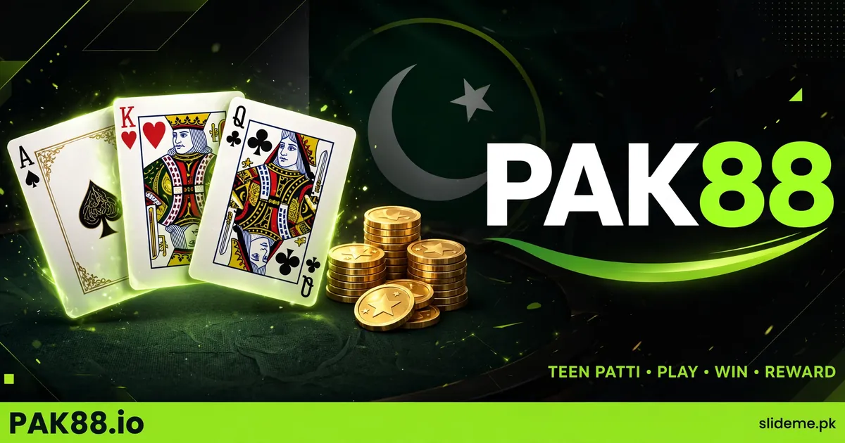 PAK88 Game bonuses banner with Teen Patti cards, gold coins and the lime-green PAK88 wordmark