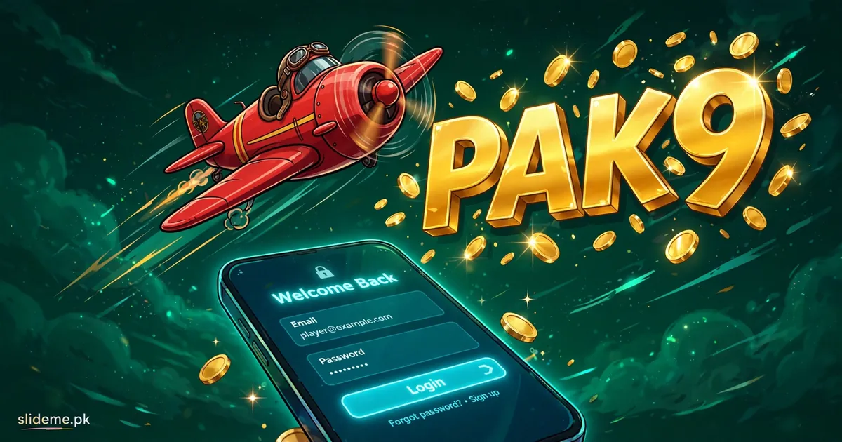 Pak9 login banner — red aviator plane flying past golden 3D PAK9 letters with login form on smartphone