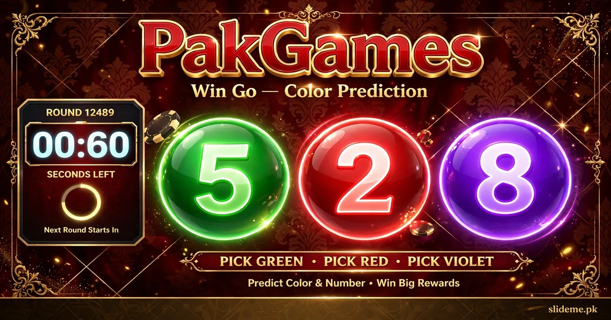 PakGames Win Go color prediction game with green, red and violet balls and a 60-second round timer