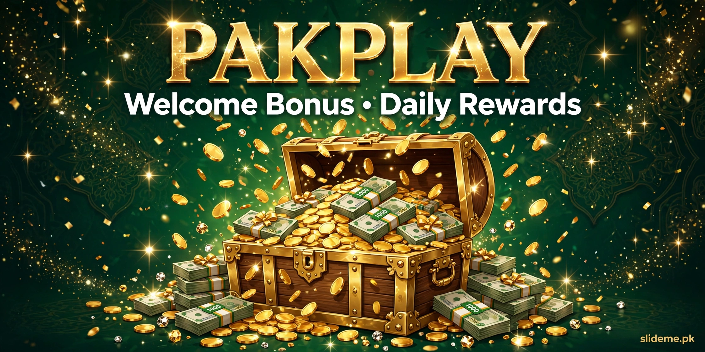 PakPlay bonus banner — treasure chest with gold coins, welcome bonus and daily rewards