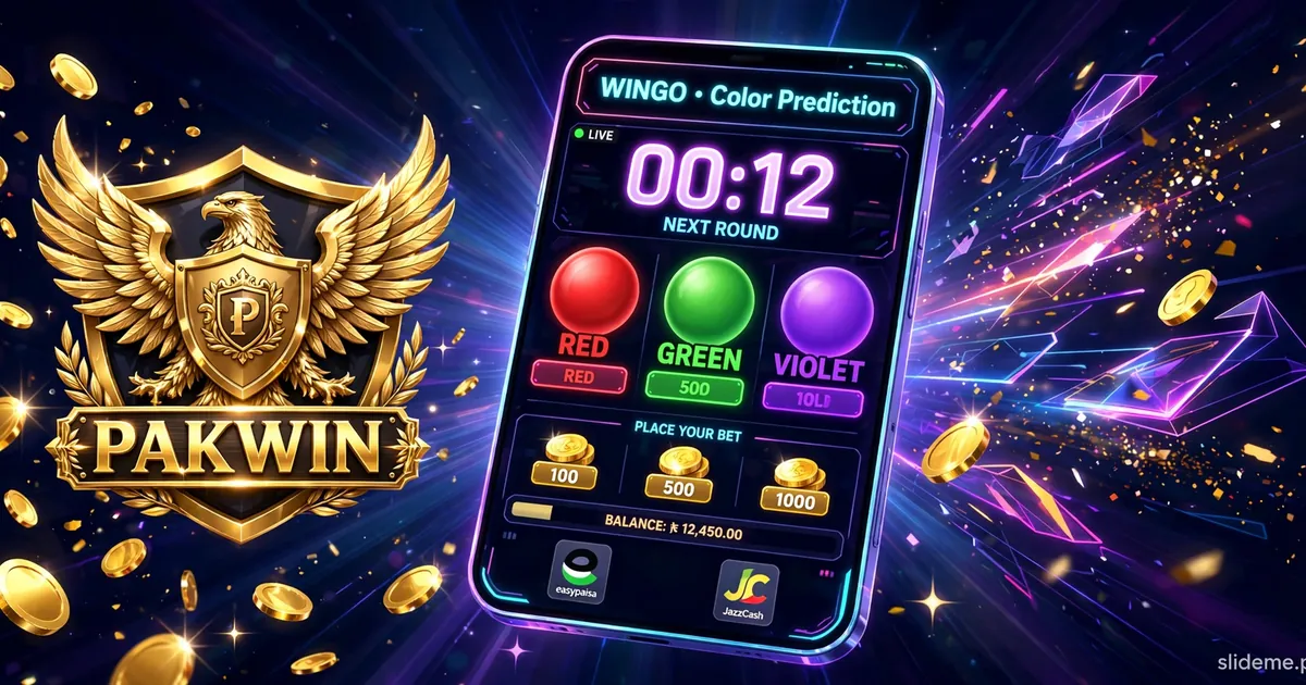 Pakwin Game Wingo color prediction gameplay banner with red green violet balls and countdown timer