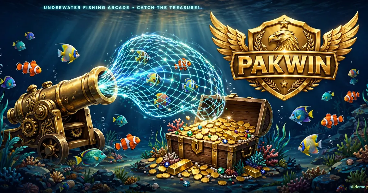 Pakwin Game fishing cannon arcade banner with colorful fish and treasure chest of gold coins