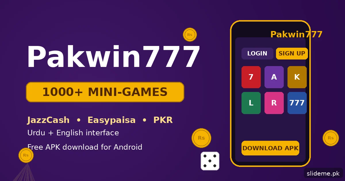 Pakwin777 Game download banner — 1000+ mini-games, JazzCash and Easypaisa payments