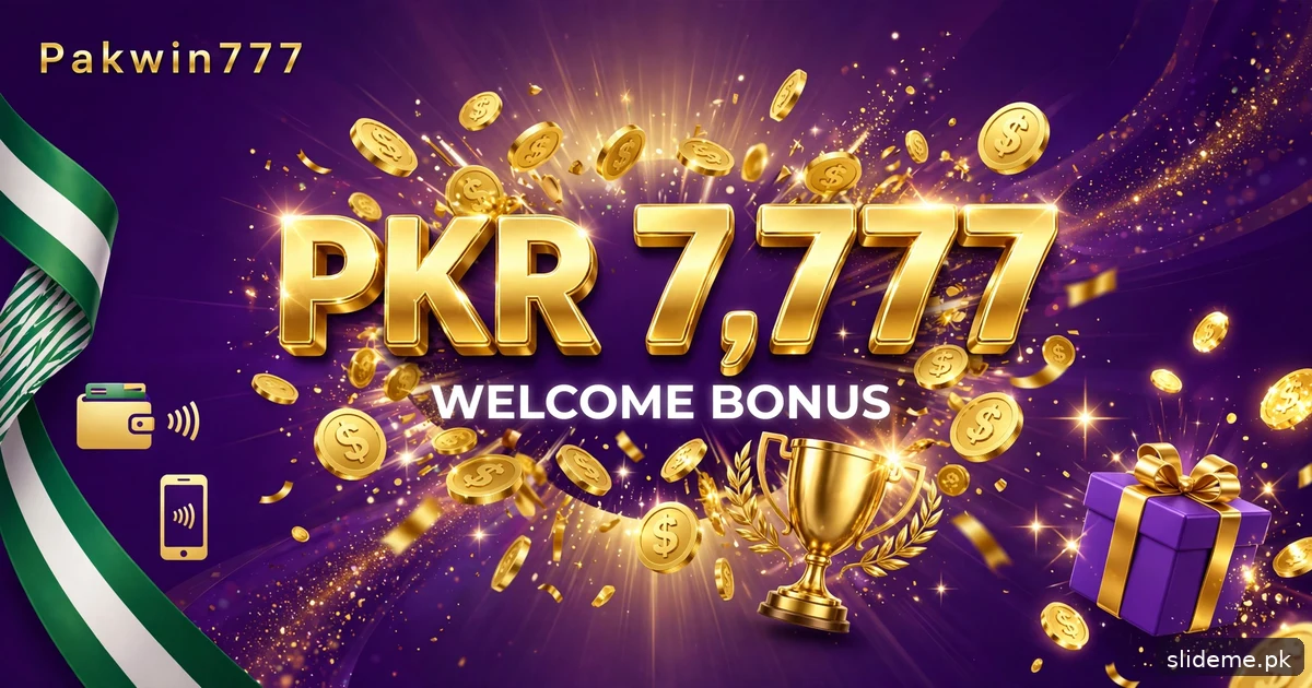 Pakwin777 welcome bonus banner — up to PKR 7,777 in gold coins