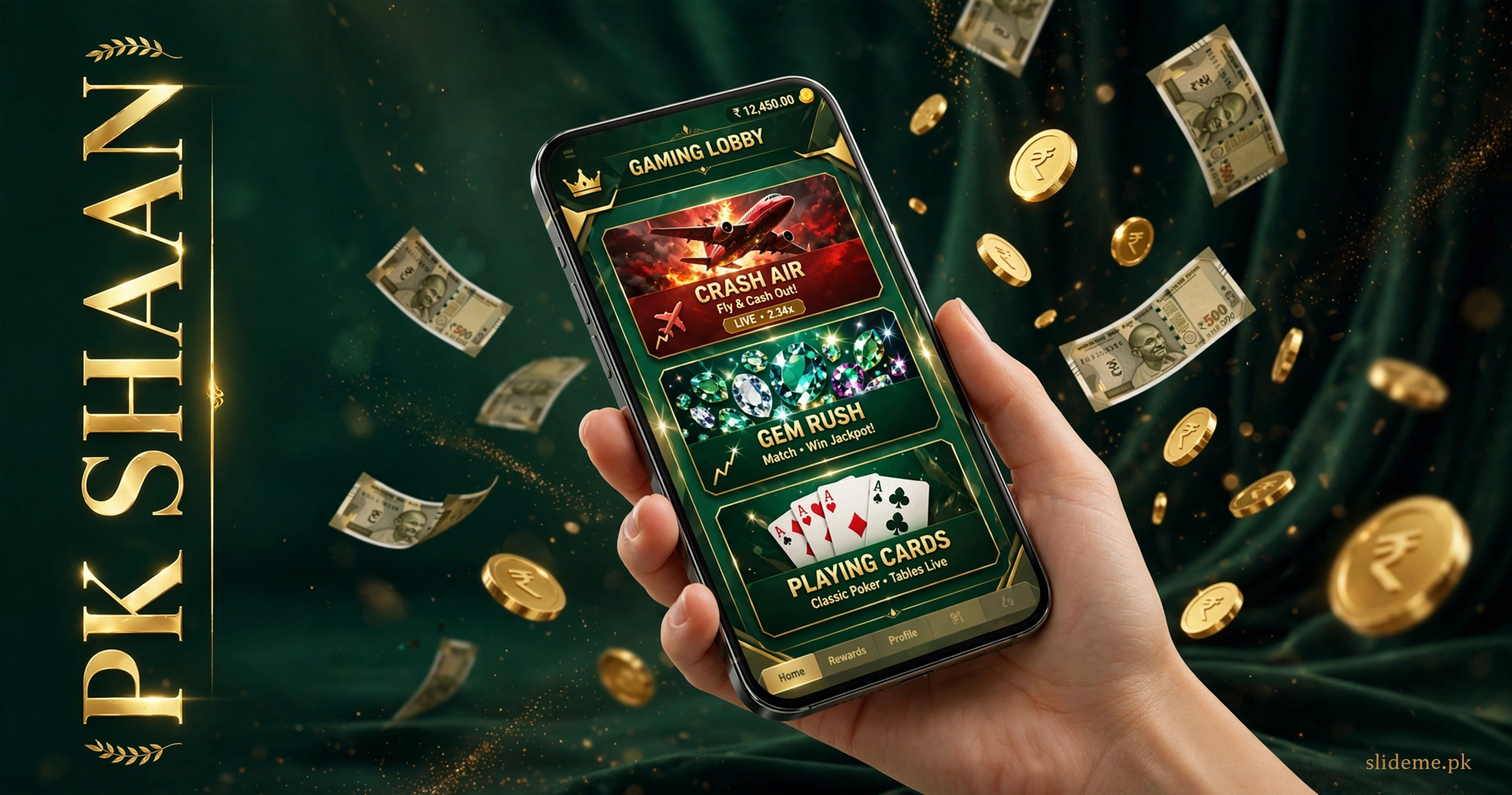 PK Shaan Game lobby on a smartphone with Aviator, Fortune Gems and Wild Bounty Showdown provider titles