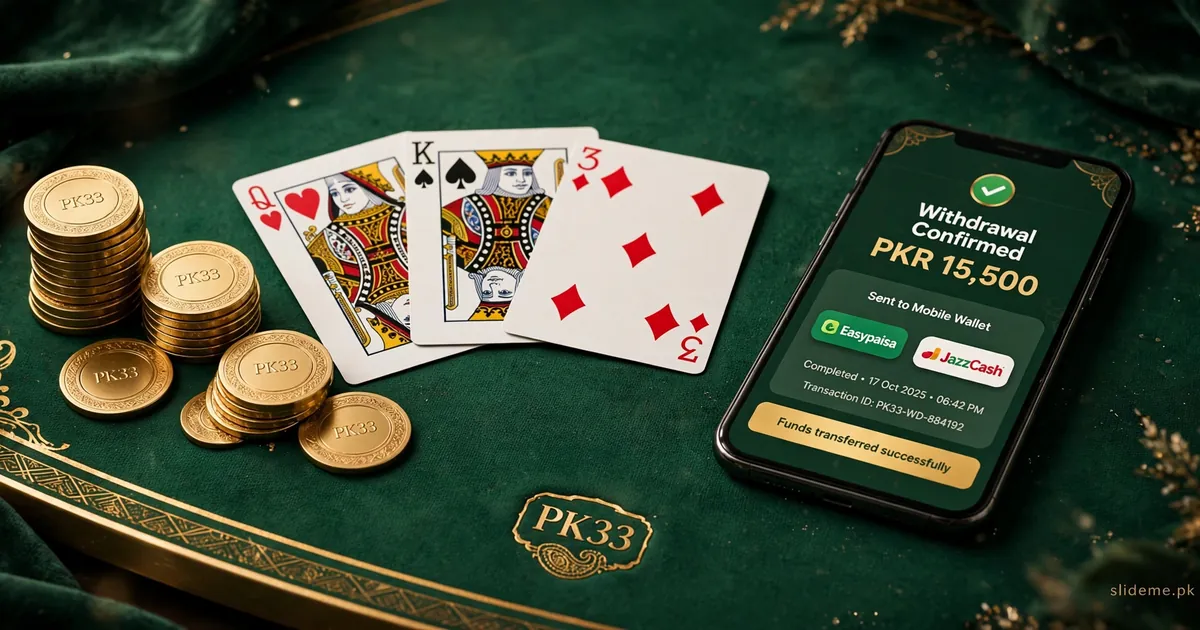 PK33 sign-in on a mobile phone — PKR 15,500 withdrawal confirmed to Easypaisa and JazzCash