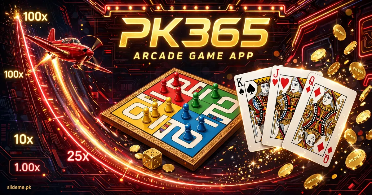 PK365 Game Aviator banner with red plane rising on a multiplier curve, Ludo board and Teen Patti cards, slideme.pk