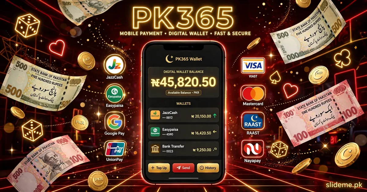 PK365 Game payments banner with smartphone wallet, mobile wallets and PKR banknotes, slideme.pk