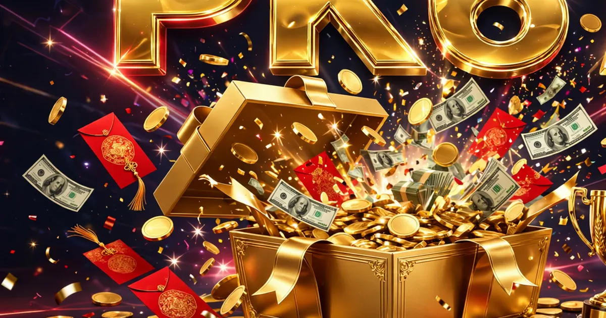 PK67 Game bonuses and rewards — golden gift box with coins, cash notes and red envelopes