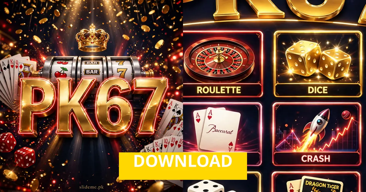 Download PK67 Game APK for Android — gold PK67 logo with DOWNLOAD button and casino game tiles