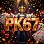 PK67 Game logo artwork — golden 3D PK67 letters with slot machine reels, gold coins, playing cards and dice
