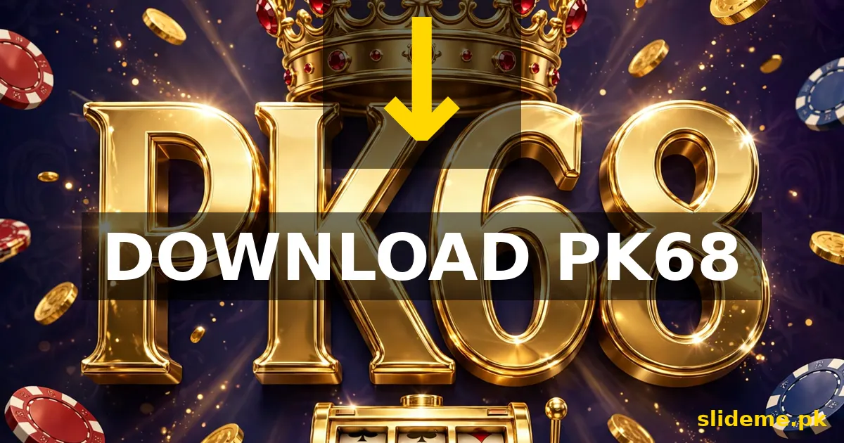 PK68 Game download banner with gold download arrow and PK68 lettering on navy casino background