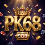 PK68 Game official-style golden logo artwork with crown, slot machine, coins and poker chips on a dark navy casino background