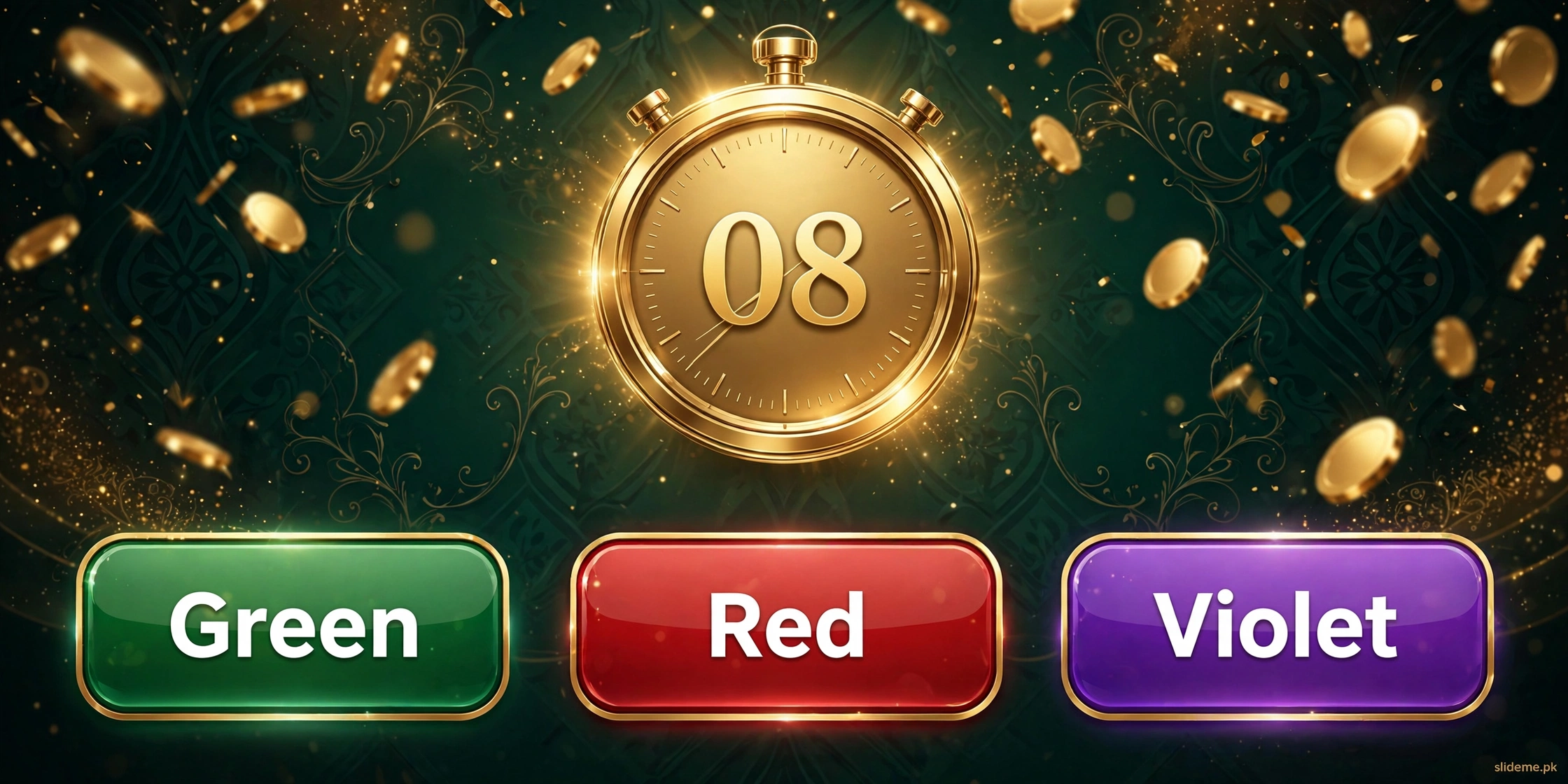 PKCasino color prediction banner — Green Red Violet prediction buttons with countdown timer
