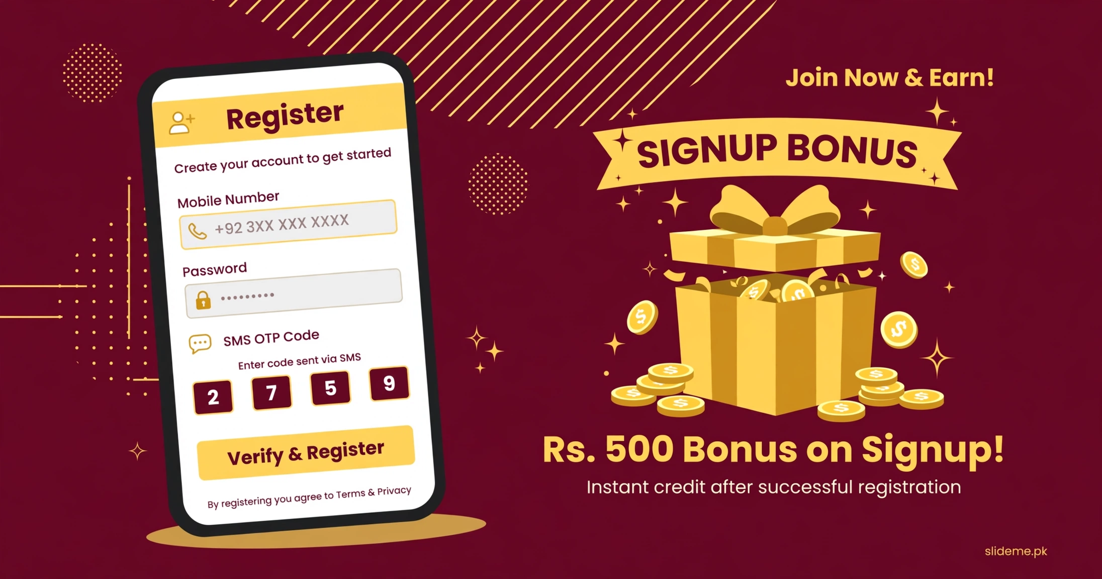 PKR656 Game registration screen with mobile OTP and Rs 550 signup bonus