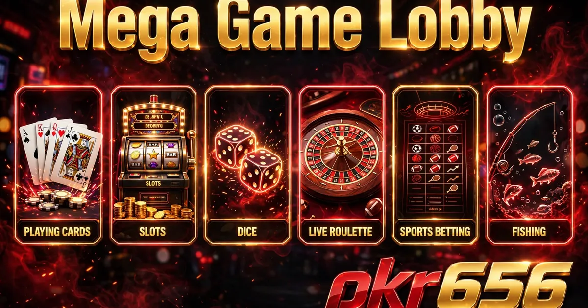 PKR656 six-category game lobby with cards, slots and live dealer