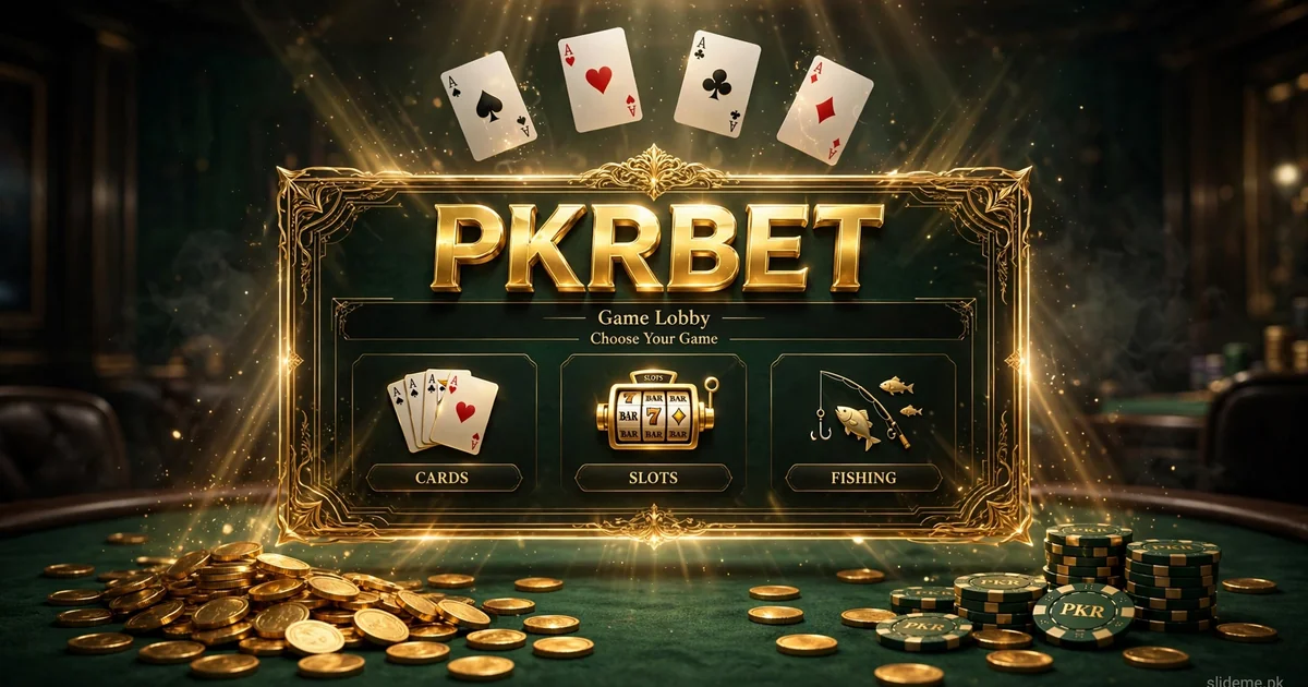 PKRBET Game lobby banner – gold PKRBET lobby panel with cards, slots and fishing icons, gold coins and green poker chips on dark green felt