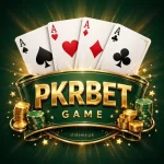 PKRBET Game APK download – glossy gold 3D PKRBET letters on a dark green casino badge with four aces, gold coins and green poker chips