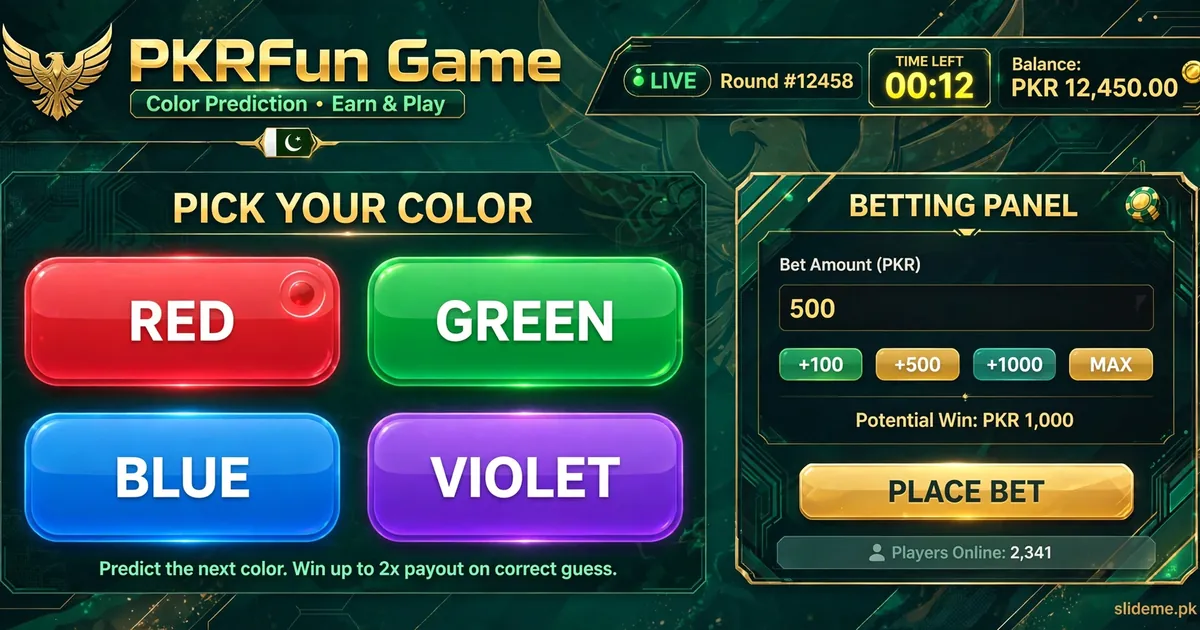 PKRFun Game color prediction lobby with red green blue violet buttons on Android
