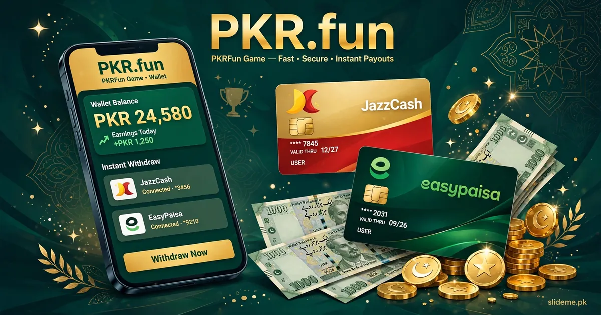 PKRFun Game withdrawal screen showing JazzCash and EasyPaisa payout options with PKR notes