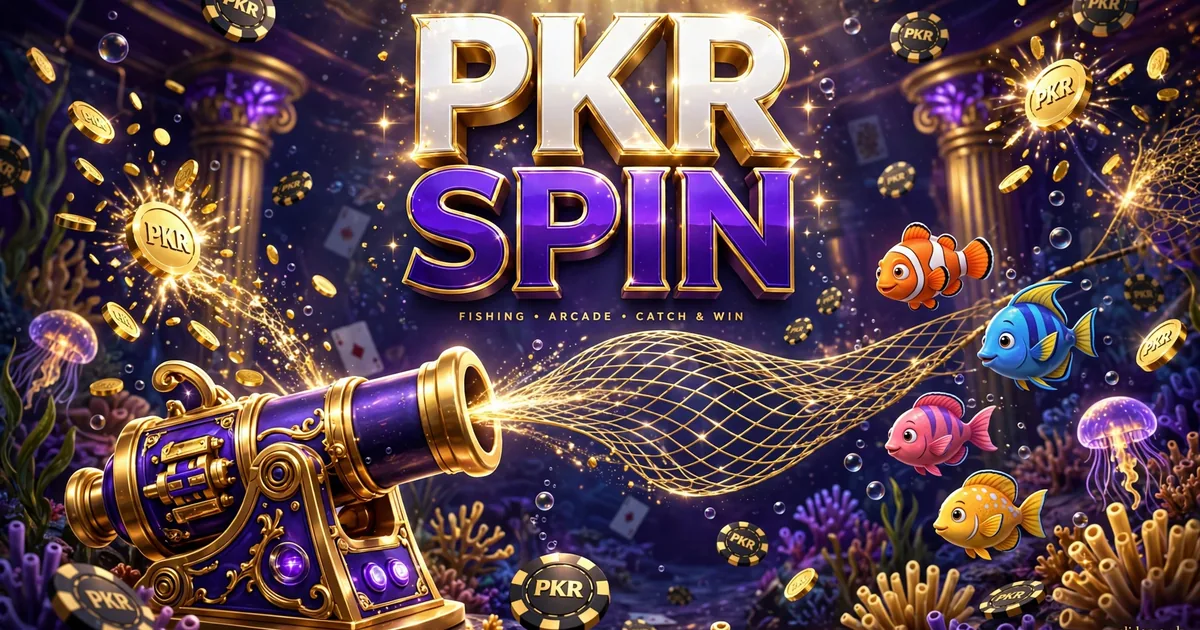 PKRSpin fishing arcade banner — golden cannon shooting nets at cartoon fish