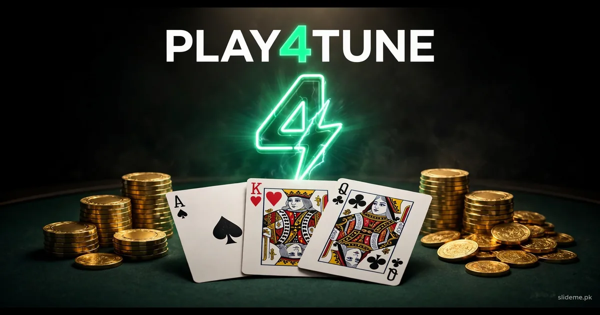 Play4Tune Game Teen Patti table banner — A K Q cards, gold chips and neon lightning 4 logo