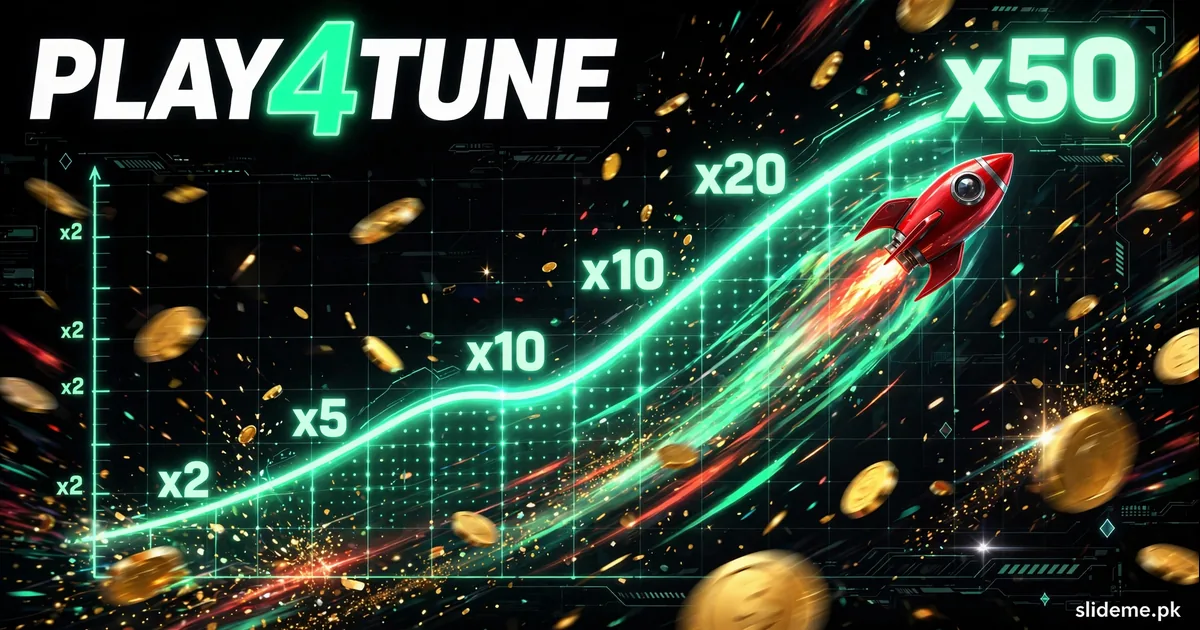 Play4Tune Game crash games banner — rocket riding a neon multiplier curve up to x50