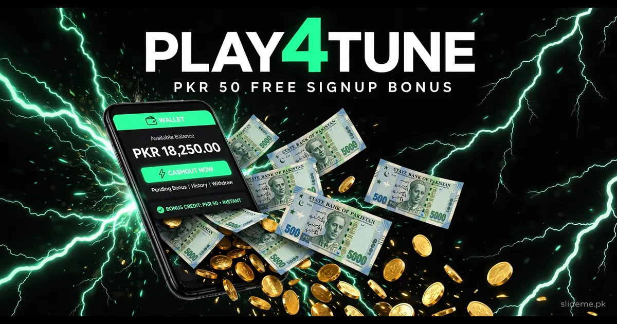 Play4Tune Game signup bonus banner — PKR 50 free bonus with wallet cashout and rupee notes