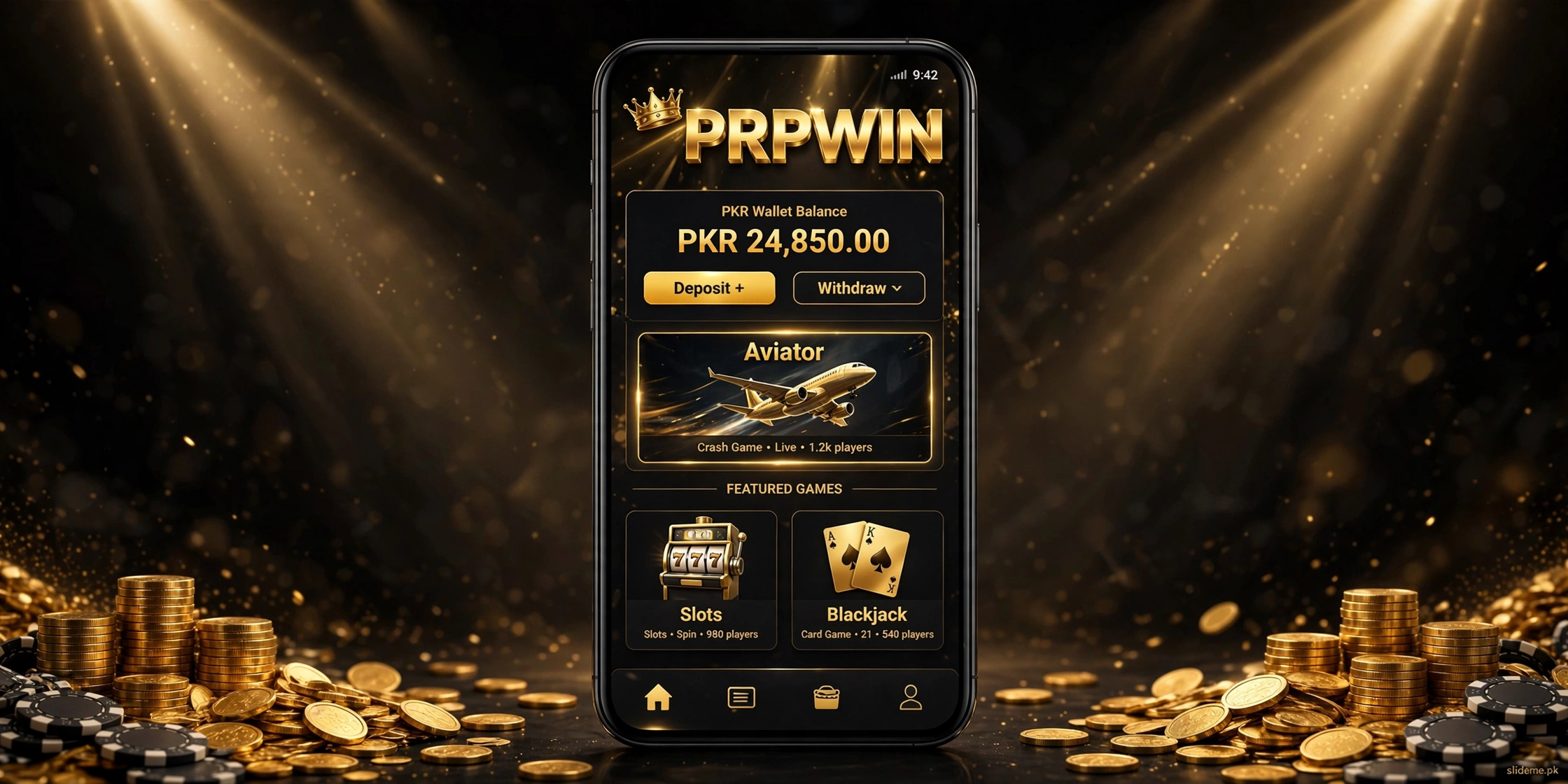 PRPWin Game lobby preview — black and gold Aviator lobby on smartphone