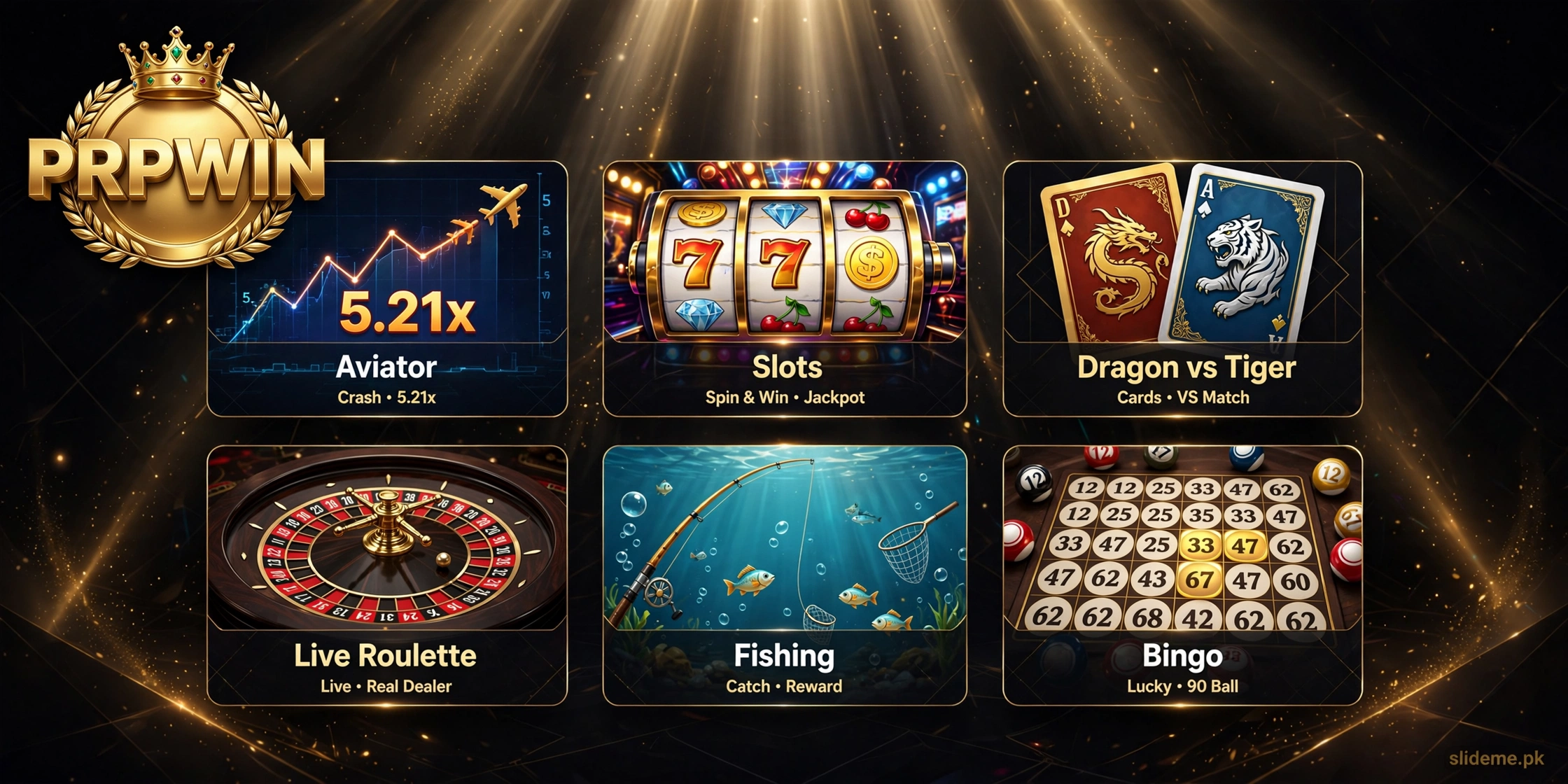 PRPWin Game lobby collage — Aviator, slots and Dragon vs Tiger tiles