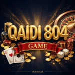 Qaidi804 Game logo — gold 3D QAIDI 804 lettering with red GAME ribbon, poker chips, roulette wheel and gold coins