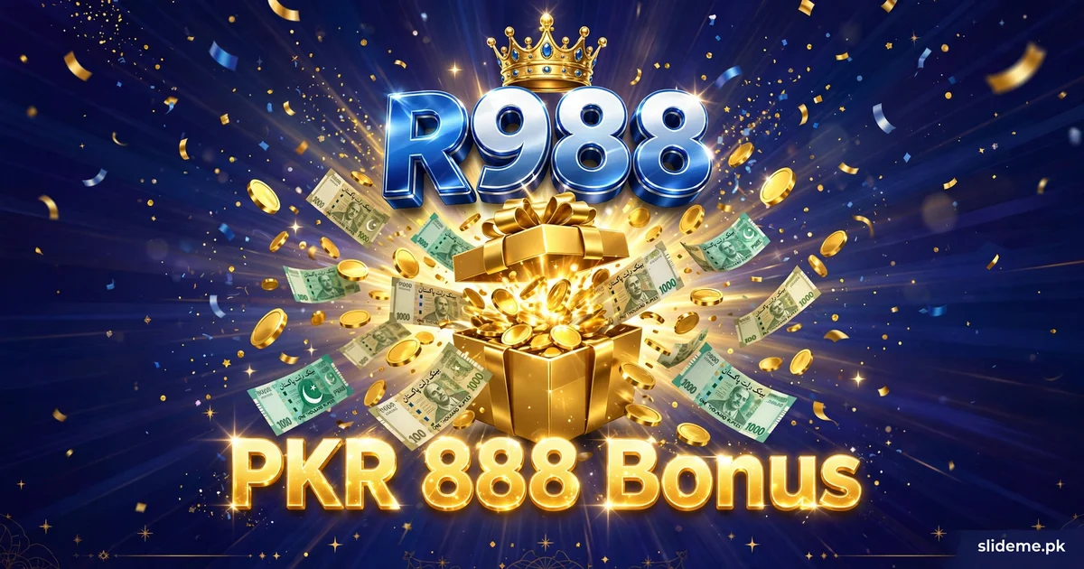 R988 Game PKR 888 bonus banner – golden gift box exploding with coins and rupee notes, crowned metallic-blue R988 logo, slideme.pk branding