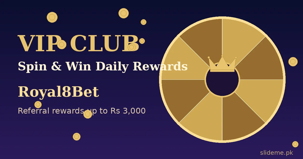Royal8Bet VIP Club prize wheel with referral rewards up to Rs 3,000